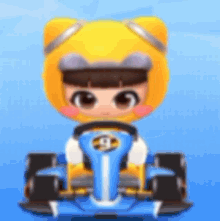 a cartoon character is driving a go kart with a yellow helmet on .