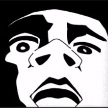 a black and white drawing of a man 's face with a surprised look on it .