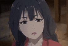 a close up of a girl 's face with black hair and brown eyes