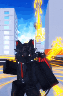 a black cat in a suit and tie is standing in front of a city