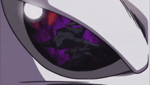 a close up of a cartoon character 's eye with a purple reflection