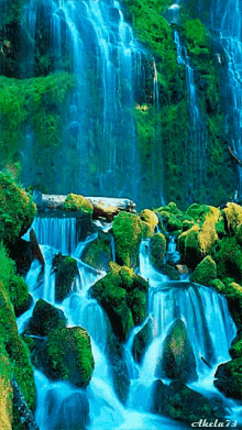 a waterfall is surrounded by mossy rocks and the number 73 is on the bottom right