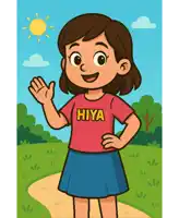 a girl wearing a red shirt that says hiya on it