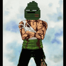 a drawing of a man with his arms crossed and a green helmet on his head