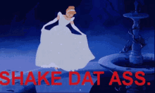 cinderella is dancing in front of a fountain with the words shake dat ass in red