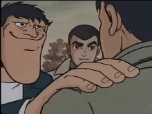 a cartoon of a man holding another man 's shoulder