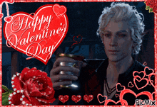 a valentine 's day card with a man holding a glass