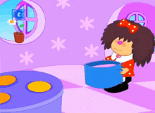 a cartoon girl is holding a blue pot in front of a window with a g on it