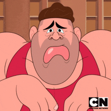 a cartoon of a man with a sad look on his face is sponsored by cn