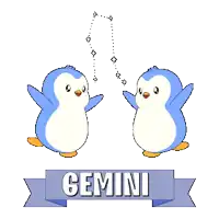 two penguins standing next to each other with a banner that says " gemini "
