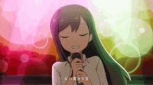 a cartoon girl singing into a microphone with chinese writing on the bottom