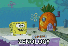 a cartoon of spongebob standing in front of a table that says open zenology
