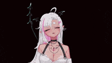 a cartoon girl with white hair and pink highlights is dancing with her arms outstretched .