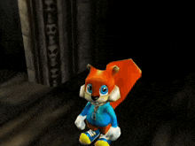 a cartoon squirrel in a blue shirt and yellow shoes is standing in a dark room