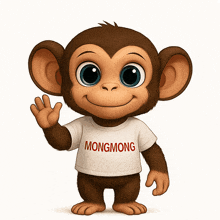 a cartoon monkey wearing a white mongmong t-shirt