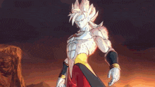 a cartoon character is standing in front of a mountain with a sunset in the background