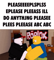 a picture of two roblox characters with a sign behind them that says roblox