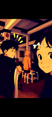a girl with a bow on her head is standing next to a boy with a hoodie
