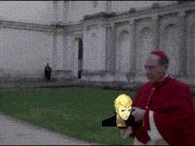 a man in a red robe is holding a cartoon character