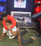a man in a red jacket is carrying another man in a white shirt with the number 30 on it
