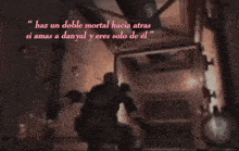 a video game scene with the words haz un doble mortal hacia atras si amas a danyal y eres solo de el in pink