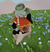 a cartoon character is standing in a field of flowers wearing a hat and a cape .