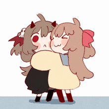 a drawing of two girls hugging each other with one having horns on her head