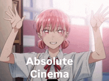 a girl with pink hair is standing in front of a door with her arms outstretched .