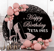 a happy birthday teta ines sign surrounded by pink balloons