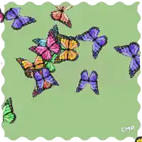 a green background with a border of colorful butterflies