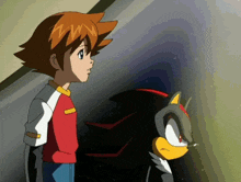 a boy stands next to a shadow the hedgehog in a cartoon