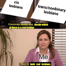 a woman sits at a desk in front of a sign that says cis lesbians