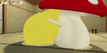 a cartoon drawing of a mushroom with a knife in its mouth
