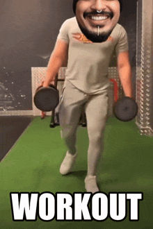 a man with a beard is lifting dumbbells in a gym with the word workout written on the bottom