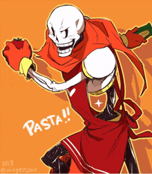 a drawing of a skeleton holding a tomato with the word pasta written below it