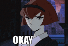 a cartoon of a girl with the word okay on the bottom