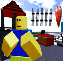 a yellow and blue roblox character with a serious face