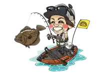a cartoon of a man on a boat fishing with a bridgestone flag behind him