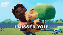 a man hugging a pig with the words i missed you