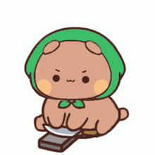 a cartoon bear wearing a green head scarf is holding a knife and a plate .