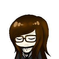 a cartoon of a girl wearing glasses and a choker has her eyes closed