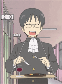 a boy is holding a tray with a plate of food and a glass of red wine