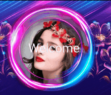 a woman with a flower crown on her head is surrounded by a neon circle that says welcome