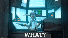 a cartoon character is holding a gun in front of a screen that says " what "
