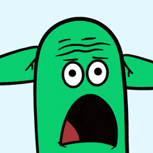 a green cartoon character with big eyes and a surprised look on his face