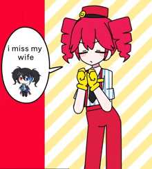a cartoon of a girl with red hair and a speech bubble that says " i miss my wife "