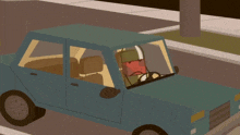 a cartoon drawing of a man driving a car with an envelope in his face