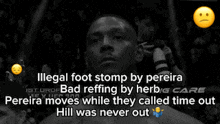 a black and white photo of a man with the words " illegal foot stomp by pereira "