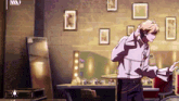 a man in a white jacket is standing in a room with pictures on the walls ..