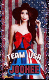 a woman in a dress with a red bow and the words team usa joohee on the bottom